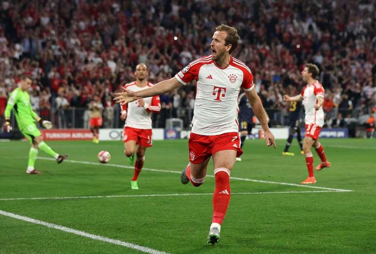 Harry Kane (Bayern de Munique) celebrando seu gol contra o Real Madrid no dia 30.04.2024 