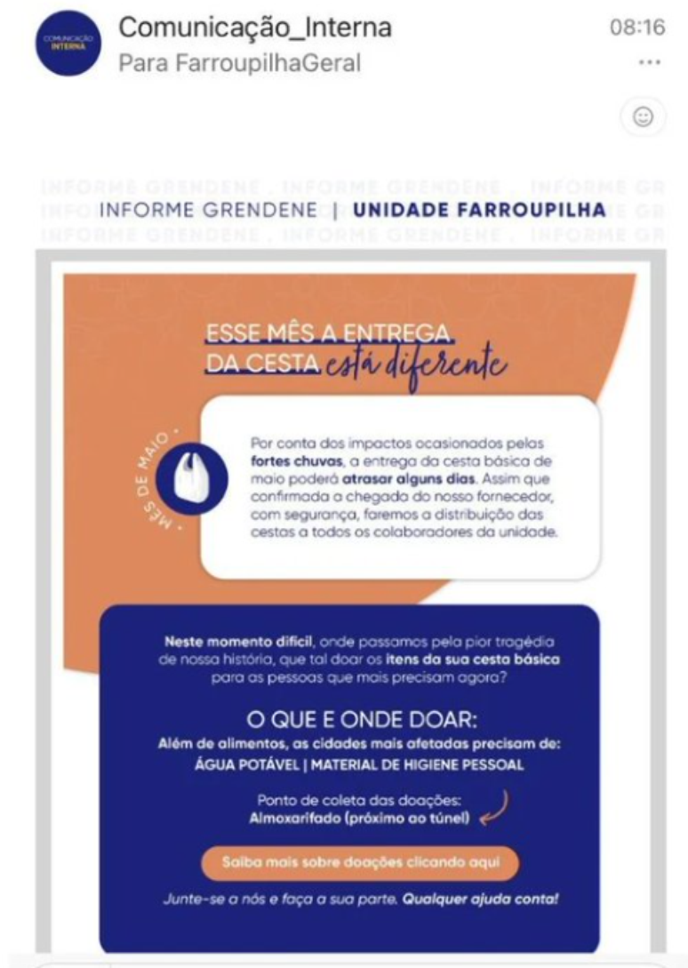 E-mail enviado da Grendene para os funcionários