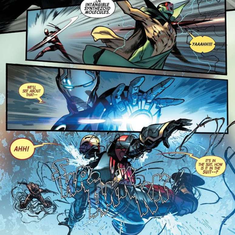 Lâminas de Damasceno danificam até a nova armadura de mysterium do Homem de Ferro que resistiu às garras de adamantium de Wolverine (Imagem: Reprodução/Marvel Comics)