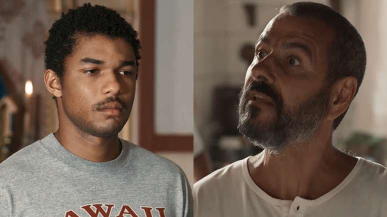  João Pedro (Juan Paiva) e José Inocêncio (Marcos Palmeira) em Renascer (Divulgação / TV Globo)