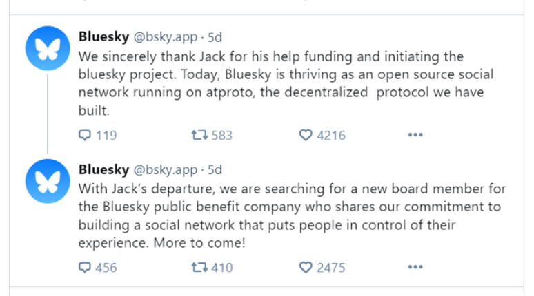 Perfil oficial do Bluesky anunciou a saída de Jack Dorsey do conselho da plataforma e agradeceu a contribuição do fundador (Imagem: Captura de tela/André Magalhães/Canaltech)