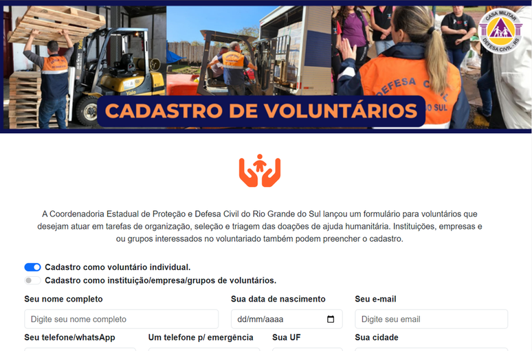 Defesa Civil criou formulário para angariar voluntários na organização de doações (Imagem: Captura de tela/André Magalhães/Canaltech)