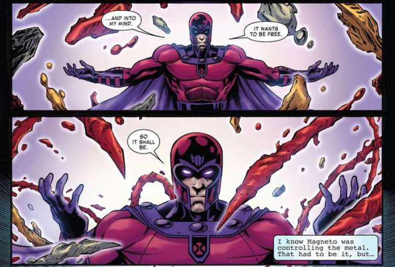 Magneto consegue manipular o novo e poderoso metal mysterium (Imagem: Reprodução/Marvel Comics)
