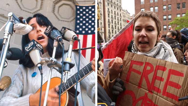 À esquerda, a cantora Joan Baez em protesto contra a Guerra do Vietnã em 1968. À direita, uma manifestante pró-Palestina há poucos dias em Nova York.