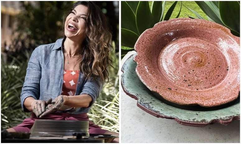 A jornalista produzindo uma peça de cerâmica e seus pratos da linha Fulô