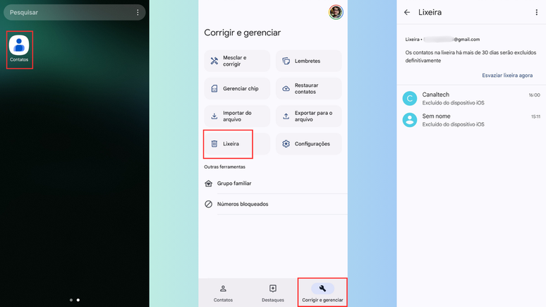 Como acessar a lixeira dos contatos no Android (Imagem: Captura de tela/Bruno De Blasi/Canaltech)