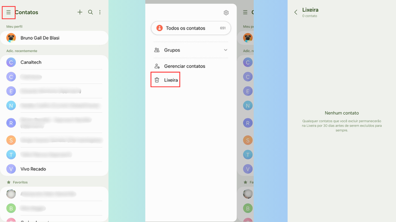 Como acessar a lixeira dos contatos de celulares da Samsung (Imagem: Captura de tela/Bruno De Blasi/Canaltech)