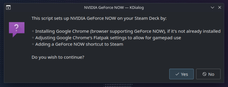 Após extrair os arquivos de instalação do GeForce Now, execute o script e siga confirmando os prompts do restante do processo. (Imagem: NVIDIA / Reprodução)