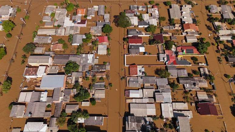 Vista aérea das enchentes em Eldorado do Sul, Rio Grande do Sul, tirada em 9 de maio