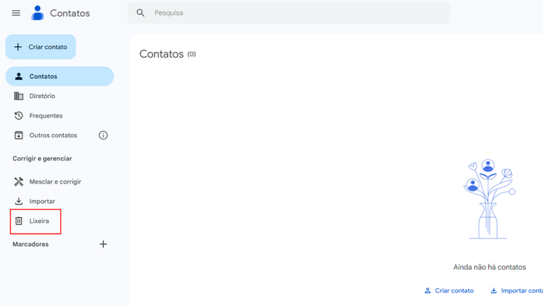 Como acessar a lixeira de contatos da conta Google (Imagem: Captura de tela/Bruno De Blasi/Canaltech)