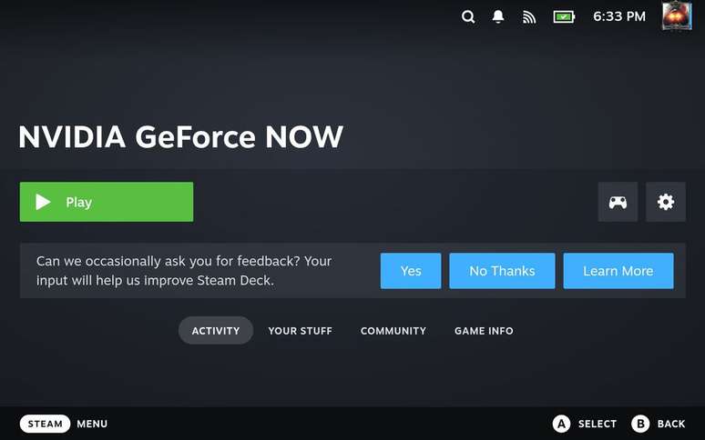 Após instalar o GeForce, basta navegar até a aba Non-Steam na biblioteca e rodar o aplicativo como se fosse um game nativo para a plataforma. (Imagem: Daniel Trefilio / Canaltech)