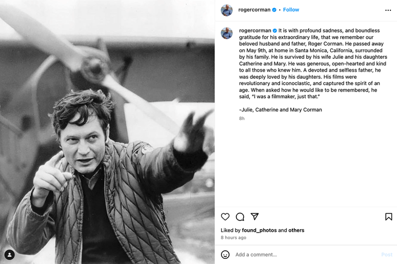 Comunicado da família de Roger Corman foi realizado através do instagram do Rei dos Filmes B (Imagem: Roger Corman/Instagram)