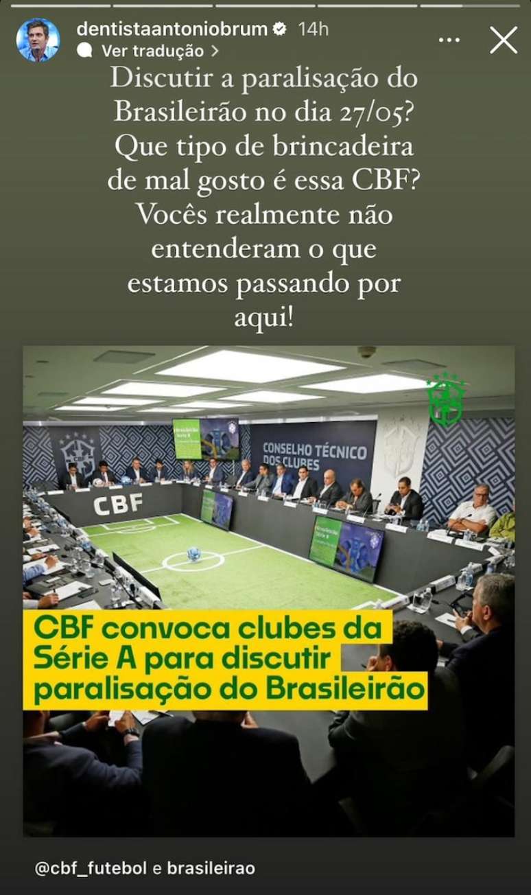 Antônio Brum critica CBF por data de reunião para discutir paralisação do Brasileirão.