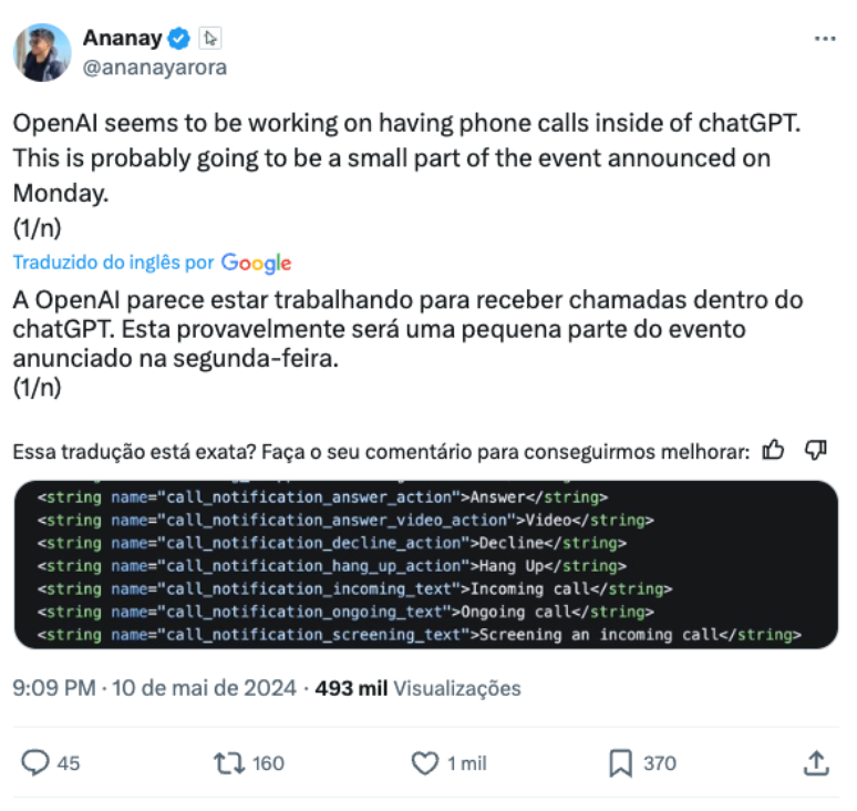 desenvolvedor e pesquisador de segurança digital Ananás Arora afirma ter encontrado evidências de que a OpenAI estaria trabalhando em processado de áudio em tempo real (Imagem: Twitter-X/@ananayarora)