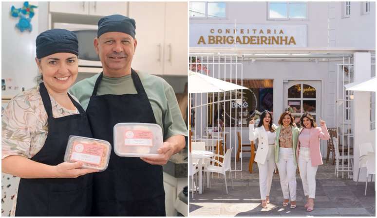 Sandreliza Ribeiro e o marido Renato Ribeiro Júnior vendem marmitas saudáveis. À direita,  Patrícia Guimarães e as filhas Amanda e Giovanna, da Bahia, faturam com brigadeiros e cursos online