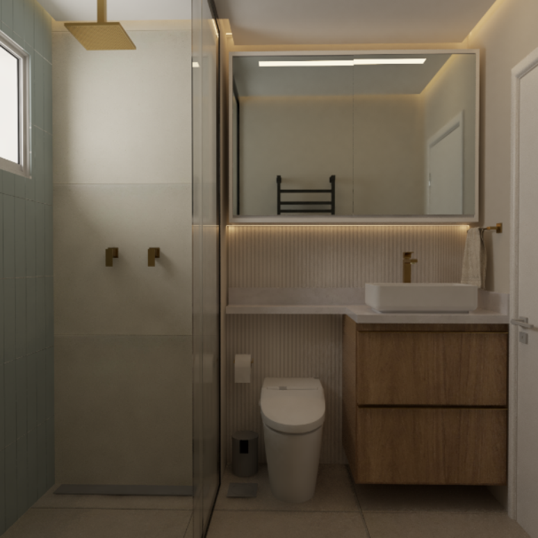 7. Metais gold + armário de banheiro em madeira + toalheiro térmico + box até o teto com estilo minimalista – Projeto: Plano Duo Arquitetura