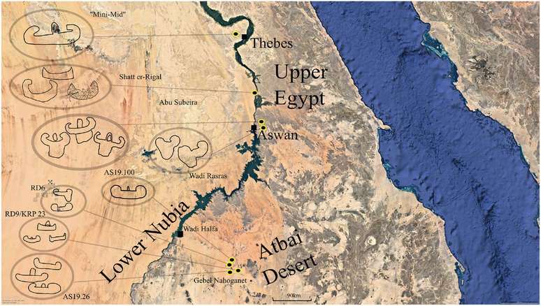 Arte rupestre encontrada nas cavernas do deserto mostram até barcos, indicativos de que a região já foi repleta de água (Imagem: Cooper et al./Journal of Egyptian Archaeology)