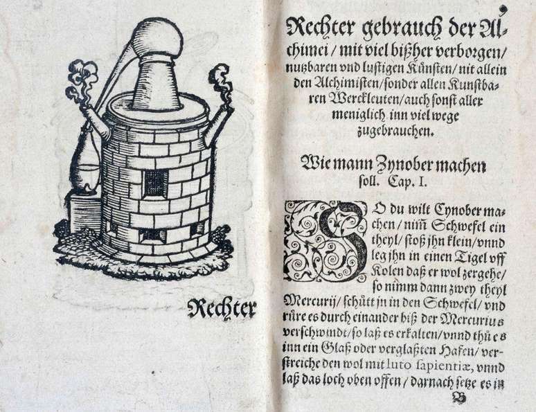 Em 'Alquimia' (1570), a seção 'Usar a alquimia da maneira certa' começa com a imagem de um forno e uma receita para o pigmento vermelho cinábrio