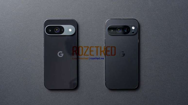 Pixel 9 e Pixel 9 Pro destacam diferenças lado a lado em cores, acabamentos e conjunto de câmera (Imagem: Reprodução/Rozetked)