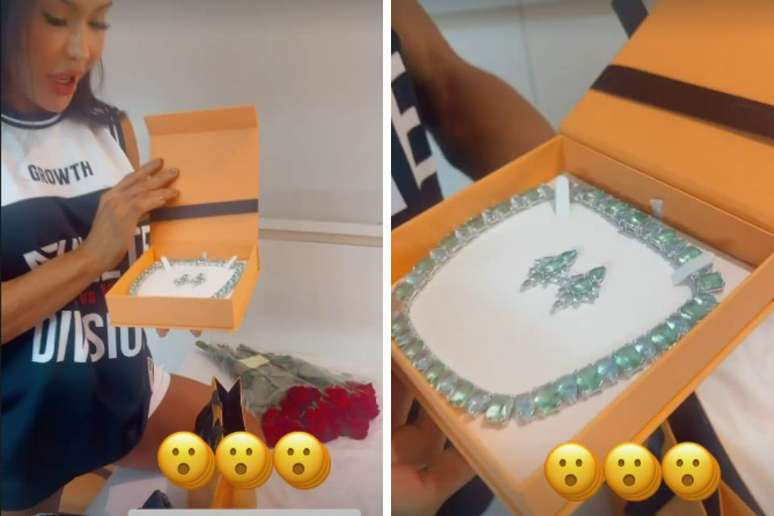 Joias com pedras azul-esverdeadas surpreenderam a musa fitness