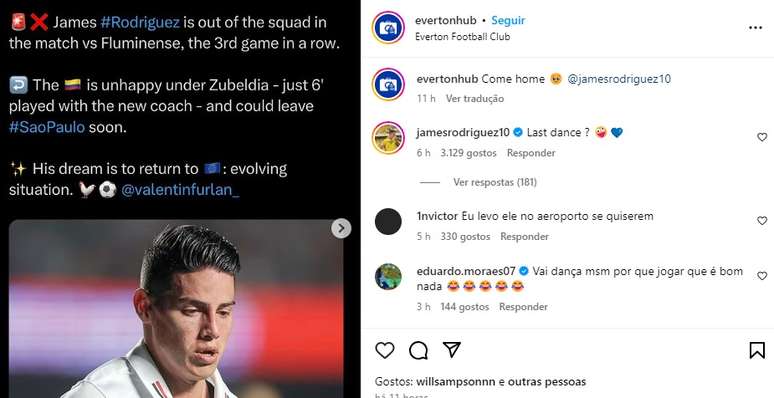 James Rodriguez comentou post de torcedores do Everton 