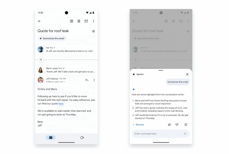 Gmail para Android inclui um atalho do Gemini para resumir as conversas por e-mail (Imagem: Divulgação/Google)