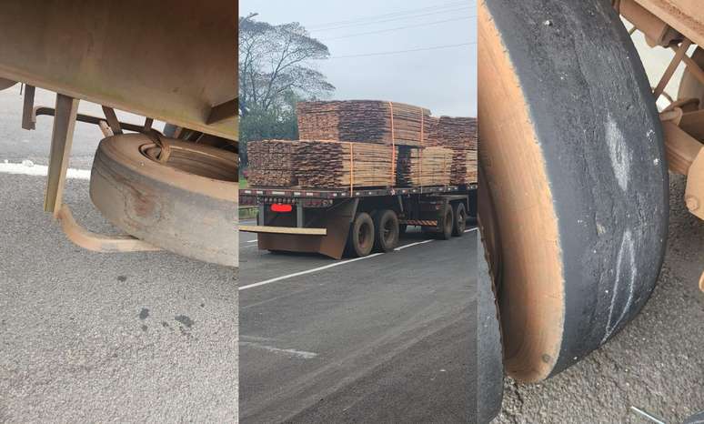 Com pneus carecas, caminhão que transportava madeira é apreendido no Paraná.
