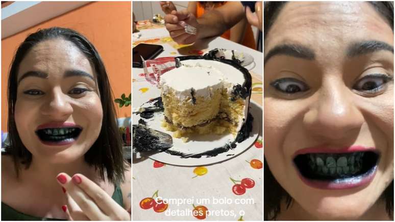 Mulher viraliza ao mostrar dentes pretos após comer bolo com corante escuro