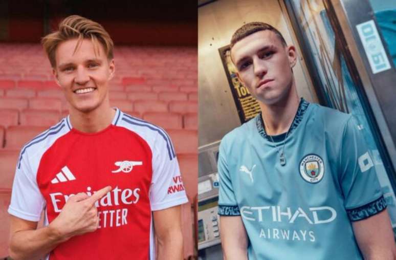 Divulgação - Legenda: Odegaard, do Arsenal, e Phil Foden, do City, posam com novos modelos - Fotos: Divulgação