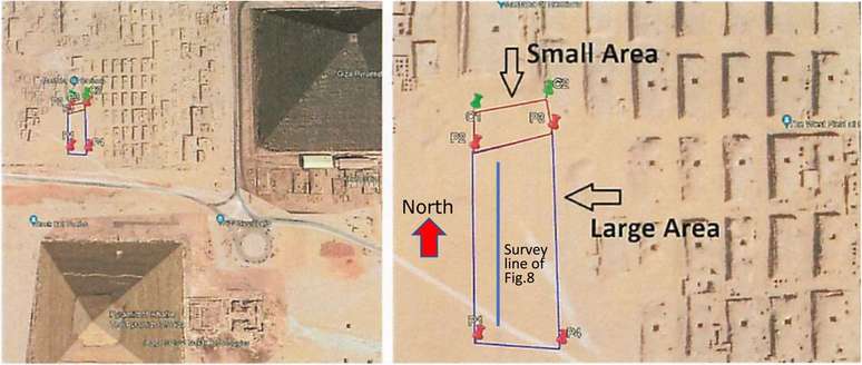 Local onde, segundo os cientistas, foi identificada a câmara secreta em formato de L aos pés das pirâmides (Imagem: Sato et al./Archaeological Prospection)