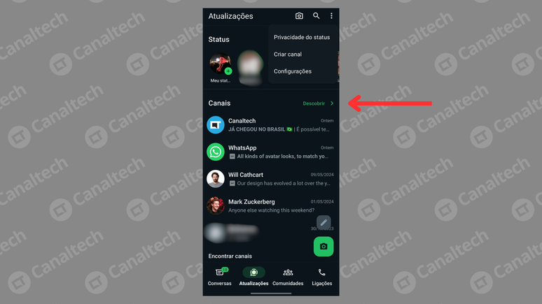 Botão "Descobrir" ajuda a localizar novos canais sem descer a tela no WhatsApp (Imagem: Captura de tela/André Magalhães/Canaltech)