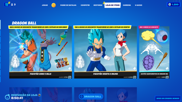 Goku and Vegeta also appeared in the Fortnite item shop (Image: Screenshot/Canaltech)