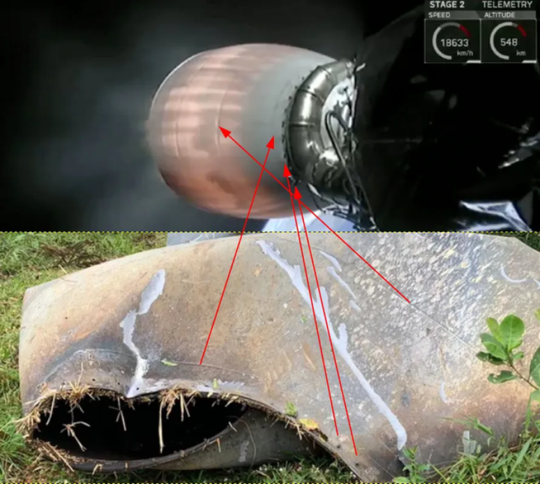 Comparação da tubeira de um foguete Falcon 9 com lixo espacial encontrado no Paraná (Imagem: Jocimar Justino / BRAMON)