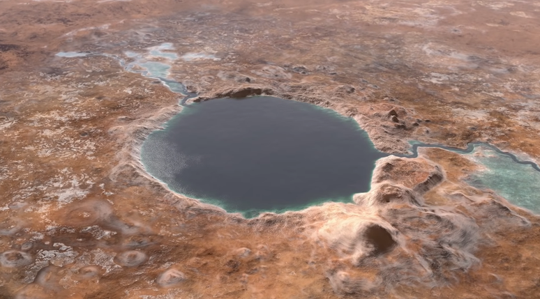 Representação da cratera Jezero e do lago que pode ter existido ali (Imagem: Reprodução/NASA)