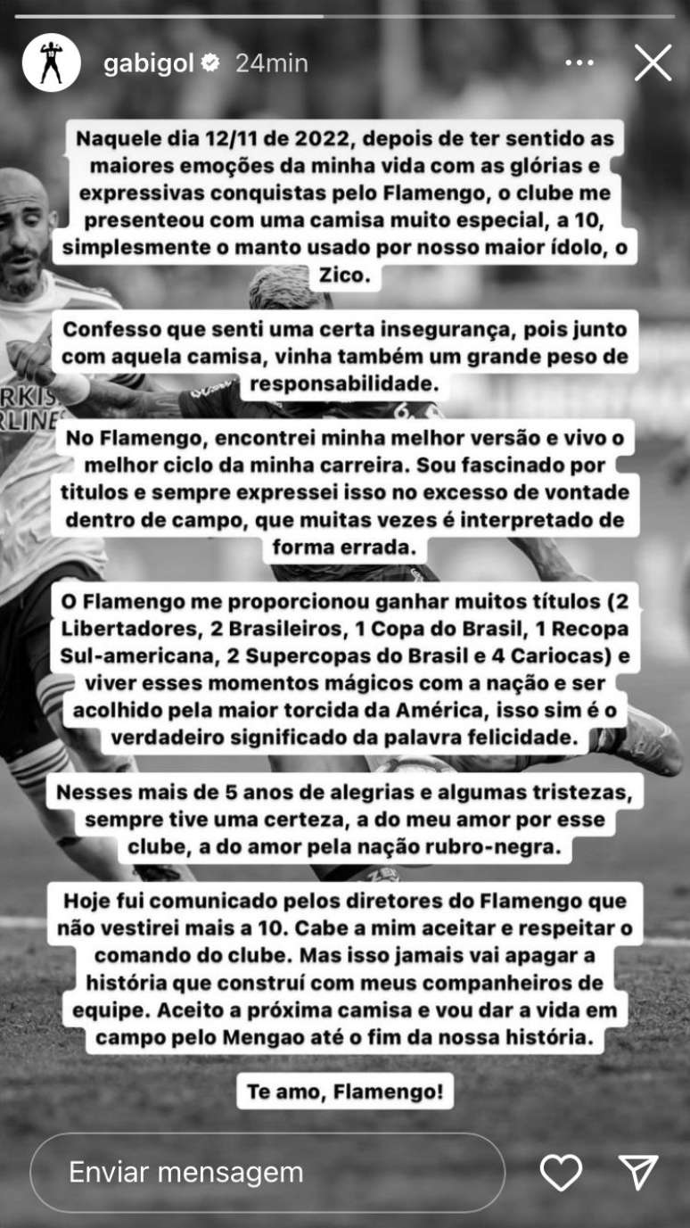 Gabigol foi às redes sociais após ser punido pelo Flamengo
