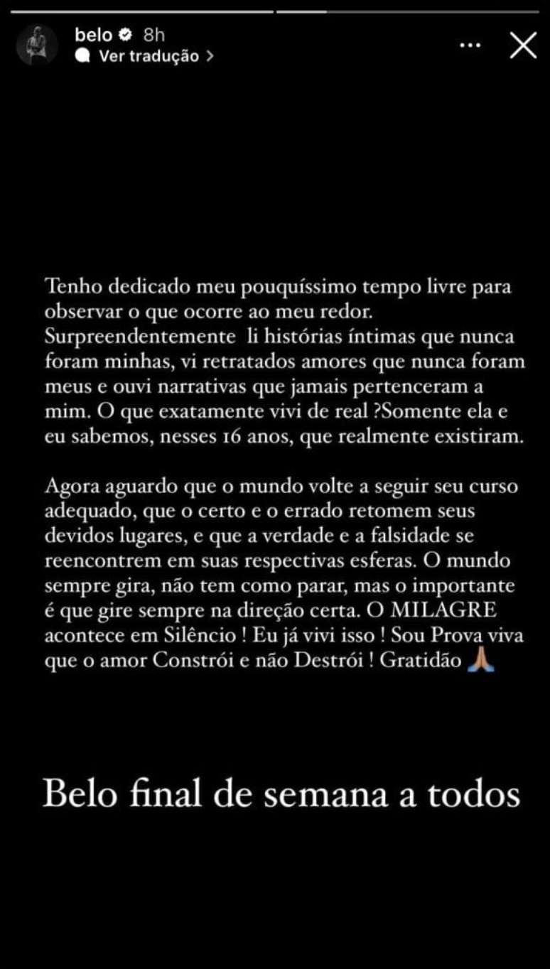 Belo surpreende com novo desabafo sobre separação de Gracyanne Barbosa