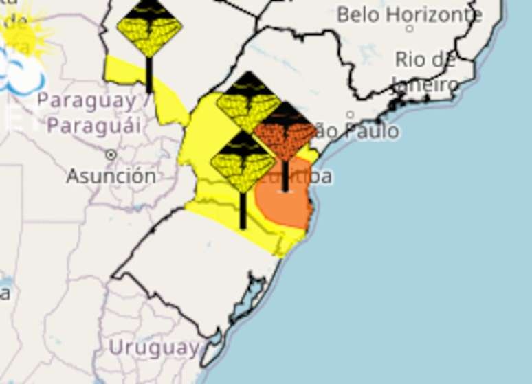 Inmet acende alertas de chuva intensa e tempestade para o Sul