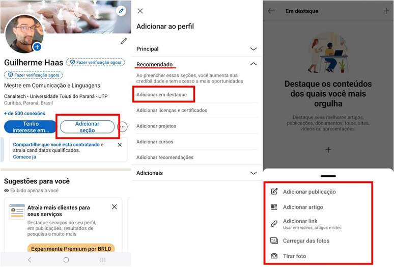 Adicione “Em destaque” para montar um carrossel com os conteúdos mais representativos do seu trabalho (Imagem: Captura de tela/Guilherme Haas/Canaltech)