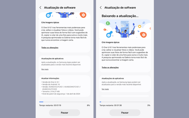 Atualização da One UI 6.1 no A54 (Imagem: Captura de tela/Bruno de Blasi/Canaltech)