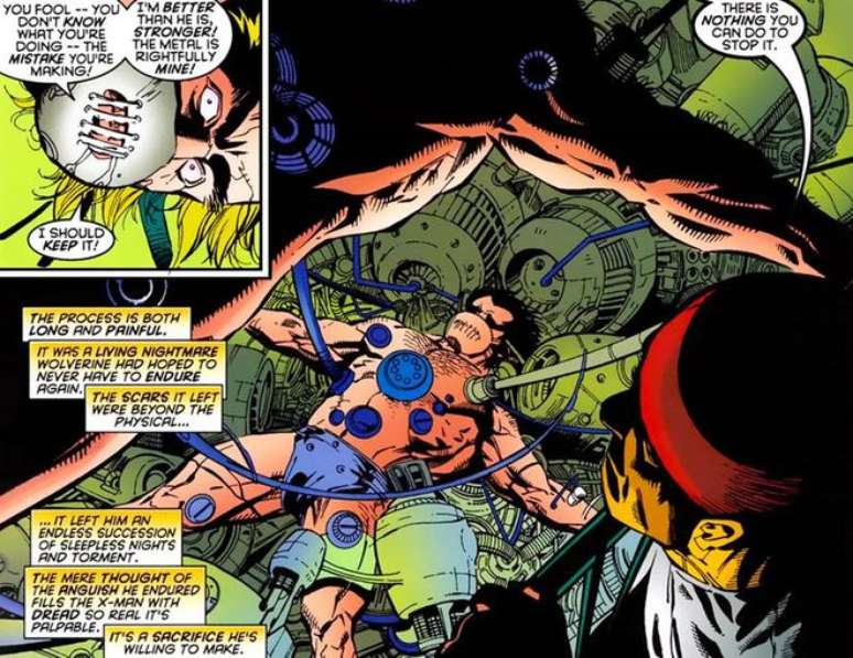 Wolverine recebe adamatium retirado dos ossos de Dentes de Sabre (Imagem: Reprodução/Marvel Comics)
