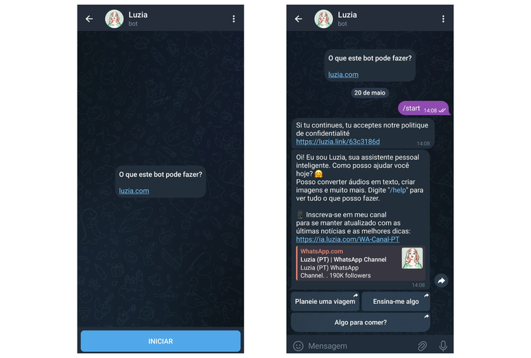 LuzIA masih dapat diakses di Telegram (Gambar: Screenshot/André Magalhães/Canaltech)