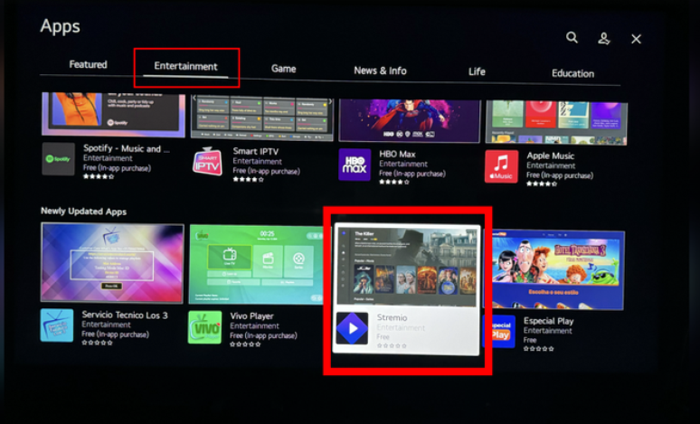 O app Stremio aparece na categoria "entretenimento" na busca em TVs da LG (Imagem: Divulgação/Stremio)