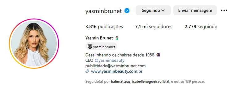 Yasmin Brunet tem 7 milhões —