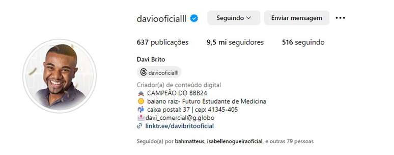 Davi tem 9,5 milhões de seguidores —