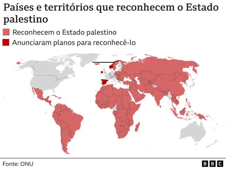 Mapa mostra países que reconhecem Estado palestino