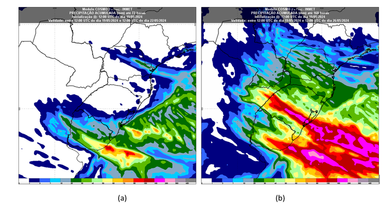 Precipitação (chuva), em milímetros (mm), acumulada em (a) 72h até quarta-feira (22) e (b) 168h até 21h de sábado pelo modelo Cosmo.