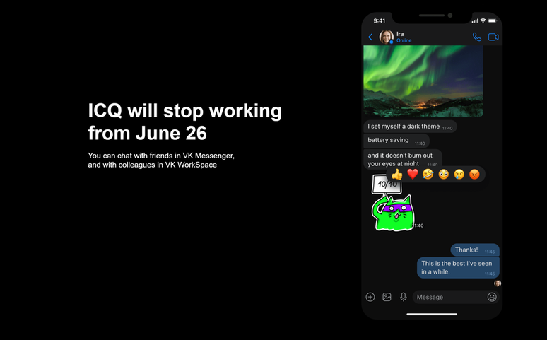 O anúncio de encerramento do ICQ ocorreu de forma tímida no site oficial — a plataforma sairá do ar em 26 de junho, quase 30 anos após sua estreia (Imagem: Reprodução/ICQ)