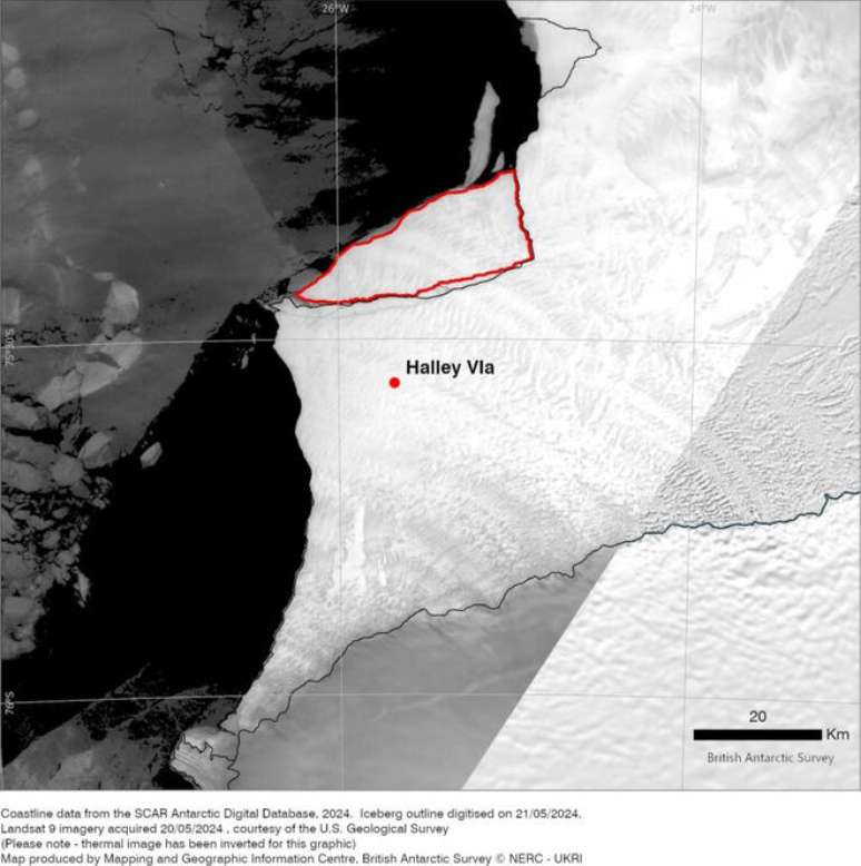 Na Antártida, iceberg maior que a cidade de Belo Horizonte se desprende de plataforma de gelo (Imagem: Reprodução/British Antarctic Survey)