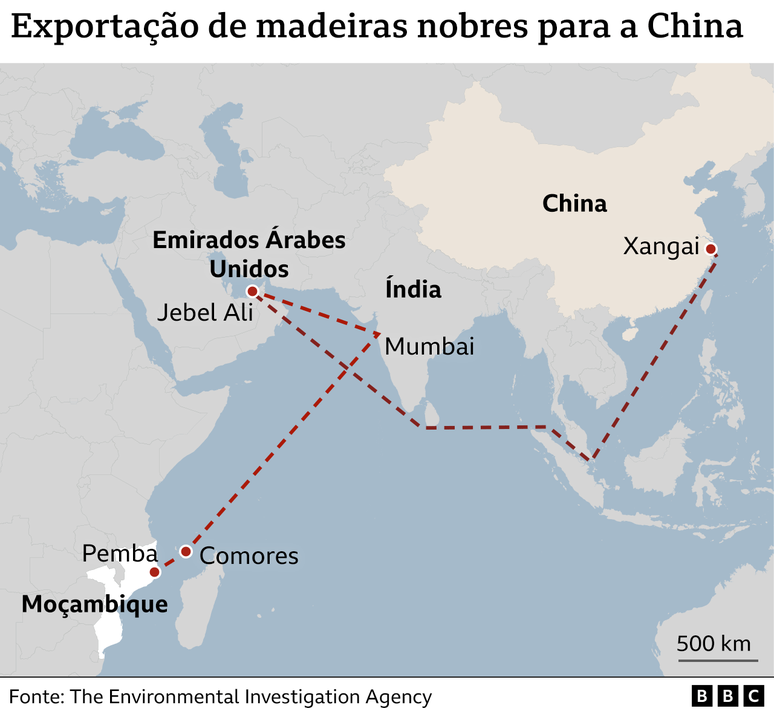 O pau-rosa é transportado por milhares de quilômetros até Xangai depois de fazer várias paradas ao longo do caminho, descobriram os pesquisadores