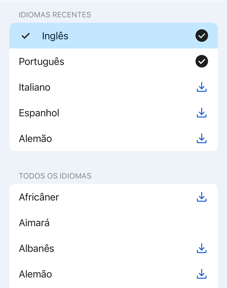 Para fazer o download de um idioma, é só clicar no ícone com a seta voltada para baixo à direita